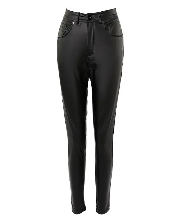 PU Leather Slim Fit Zipper High Waist Pants Casual Pants with Pockets