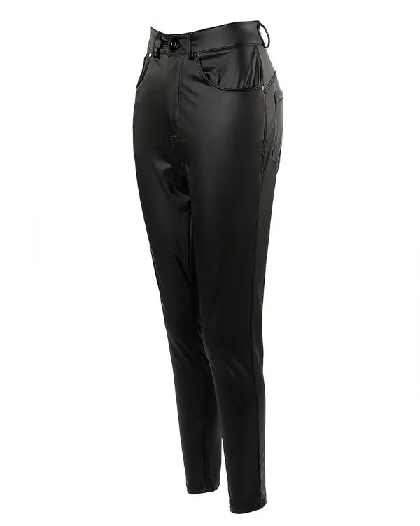 PU Leather Slim Fit Zipper High Waist Pants Casual Pants with Pockets