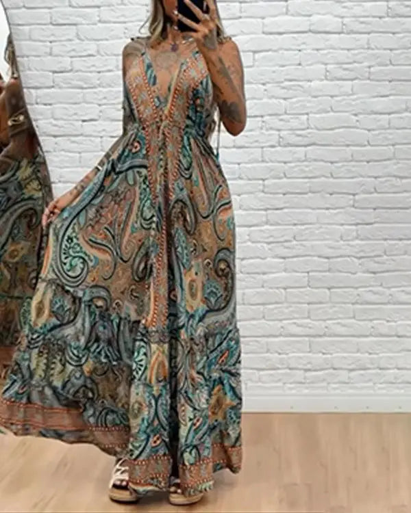Tribal Print V-Neck Spaghetti Strap Maxi Dress Casual Backless Flowy A Line Dress