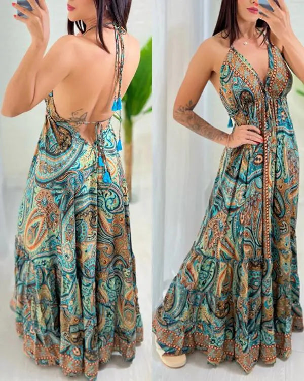 Tribal Print V-Neck Spaghetti Strap Maxi Dress Casual Backless Flowy A Line Dress