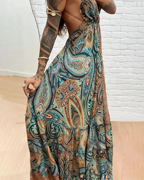 Tribal Print V-Neck Spaghetti Strap Maxi Dress Casual Backless Flowy A Line Dress