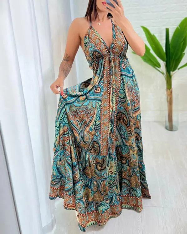 Tribal Print V-Neck Spaghetti Strap Maxi Dress Casual Backless Flowy A Line Dress