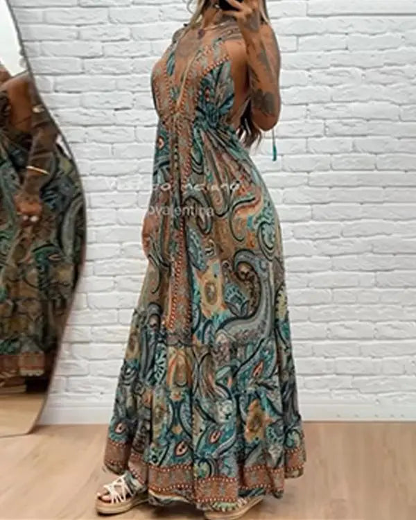 Tribal Print V-Neck Spaghetti Strap Maxi Dress Casual Backless Flowy A Line Dress