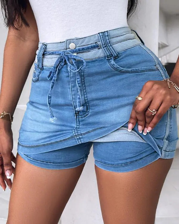 Drawstring Adjustable Waist Casual Denim Skirt Skort Jean Mini Skirt