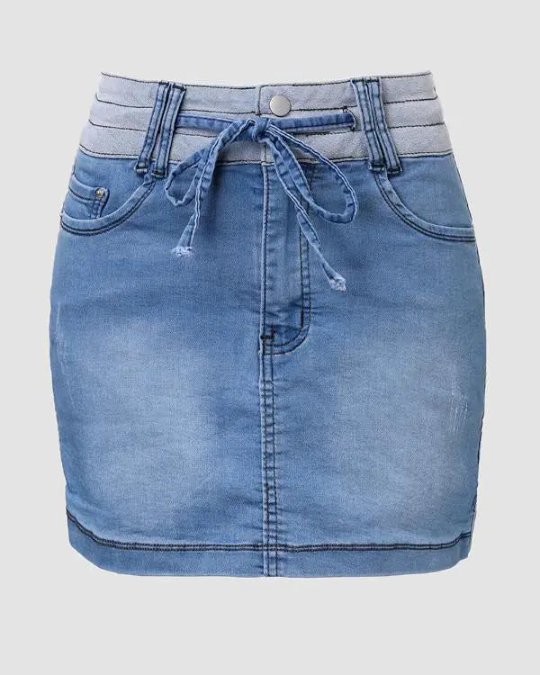 Drawstring Adjustable Waist Casual Denim Skirt Skort Jean Mini Skirt