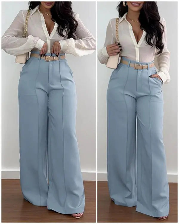 High Waist Wide Leg Pants Work Pants with Pocket