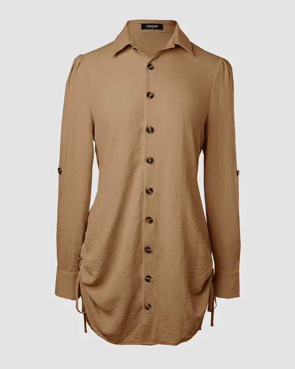 Striped Shirred Buttoned Drawstring Shirt Dress