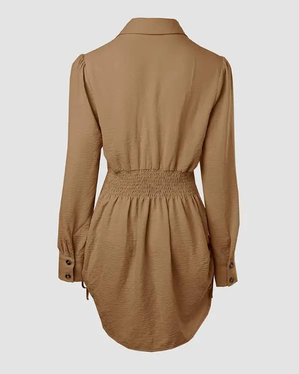 Striped Shirred Buttoned Drawstring Shirt Dress
