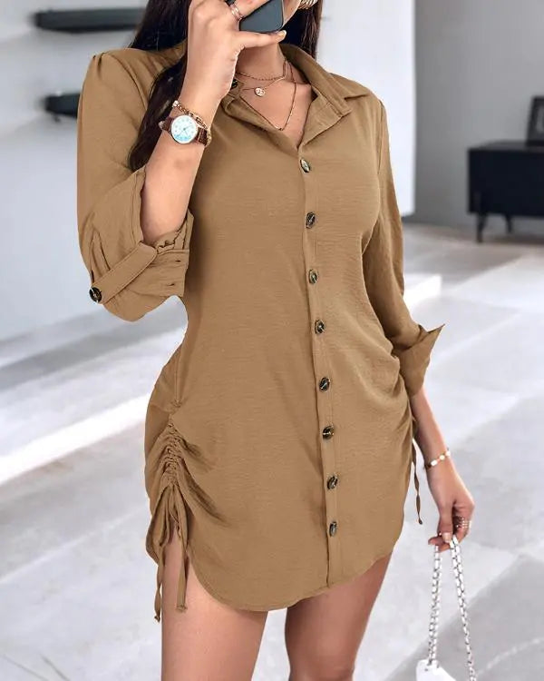Striped Shirred Buttoned Drawstring Shirt Dress