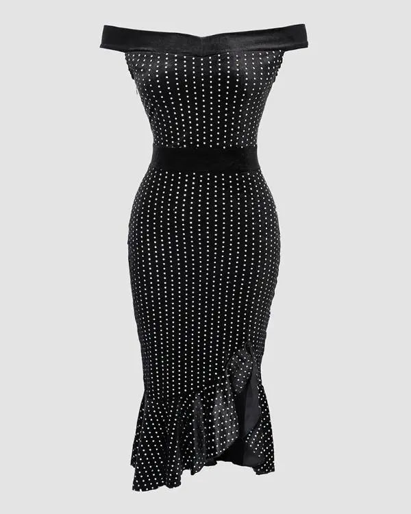Cold Shoulder Pearls Strap Bodycon Dress Cowl Neck Ruffle Hem Cocktail Evening Party Dresses