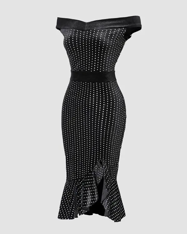 Cold Shoulder Beaded Bodycon Dress Ruffle Hem Slim Fit Party Dress