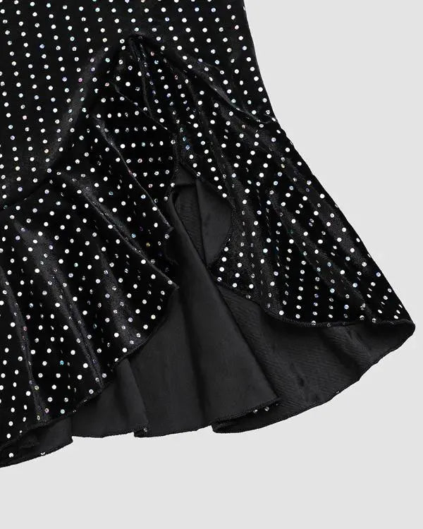 Velvet Off Shoulder Multicolor Holographic Metallic Silver Ruffle Hem Party Dress