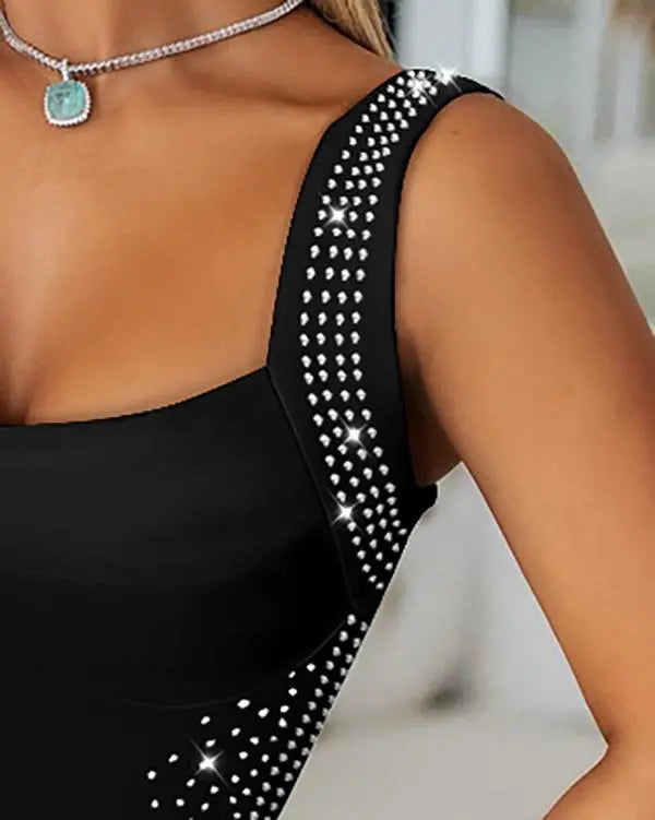 V-Neck Sleeveless Bodycon Dress Rhinestone Clubwear Birthday Party Midi Dress