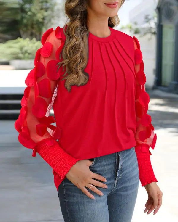 Contrast Lace Round Neck Lantern Sleeve Ruched Blouse Elegant Shirt