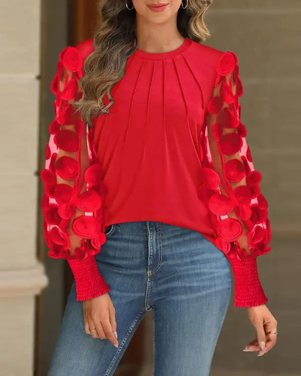 Contrast Lace Round Neck Lantern Sleeve Ruched Blouse Elegant Shirt
