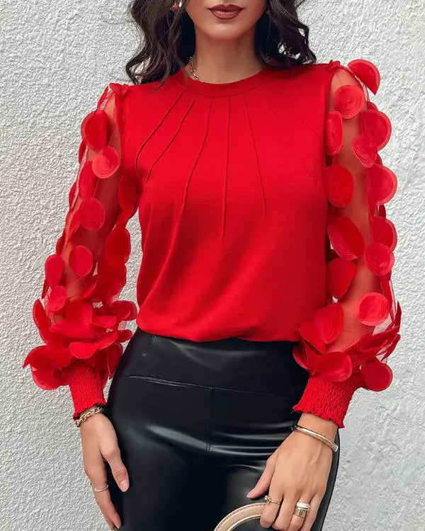 Contrast Lace Round Neck Lantern Sleeve Ruched Blouse Elegant Shirt