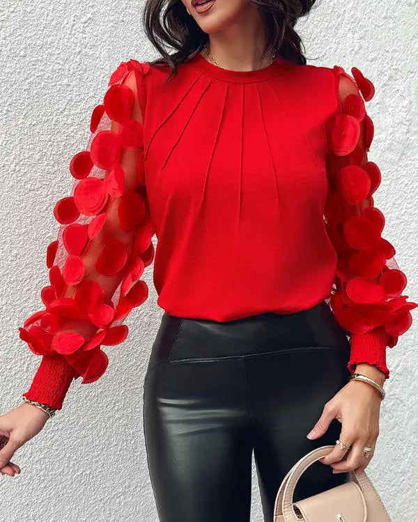 Contrast Lace Round Neck Lantern Sleeve Ruched Blouse Elegant Shirt