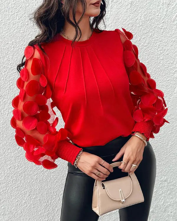 Contrast Lace Round Neck Lantern Sleeve Ruched Blouse Elegant Shirt