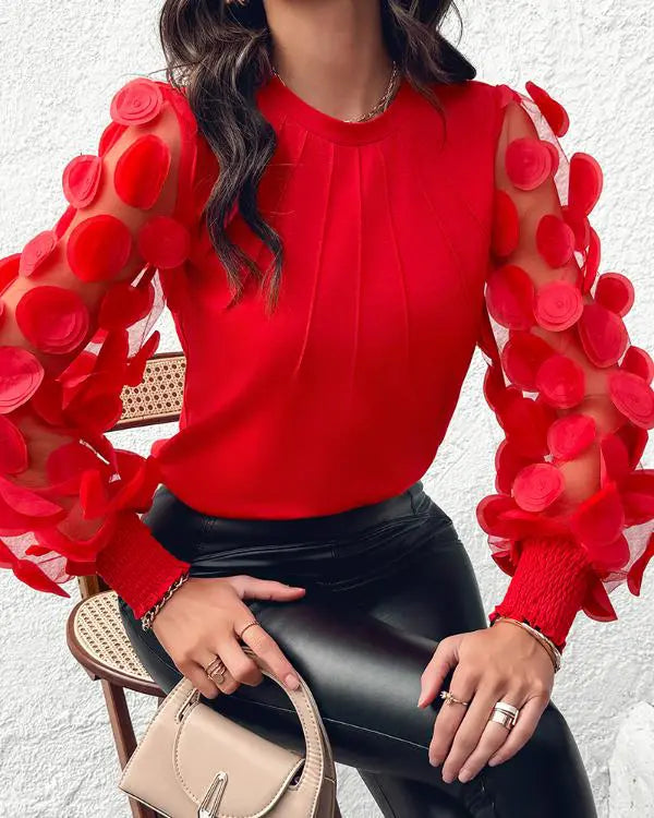 Contrast Lace Round Neck Lantern Sleeve Ruched Blouse Elegant Shirt