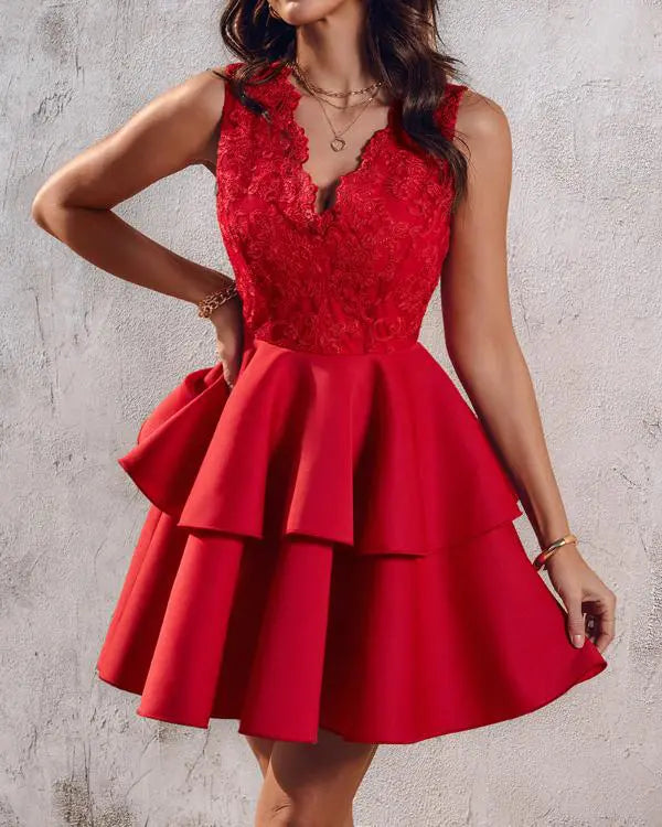 Lace V-Neck Sleeveless Zipper Design Cinched Waist A Line Mini Dress Elegant Party Dress