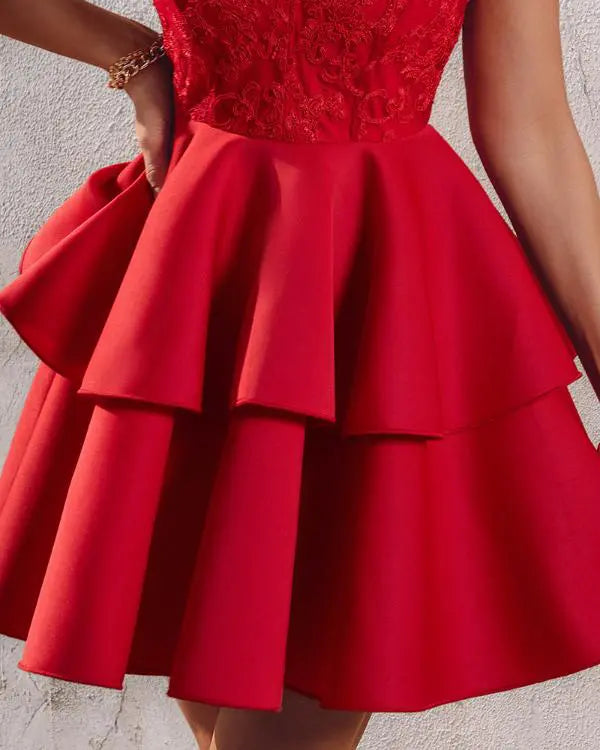 Lace V-Neck Sleeveless Zipper Design Cinched Waist A Line Mini Dress Elegant Party Dress