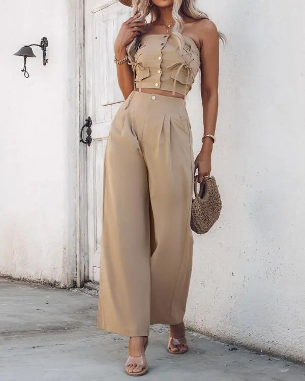 2 Piece Bandeau Sleeveless Shirred Tied Detail Front Button Top High Waist Wide Leg Pants Elegant Pants Set