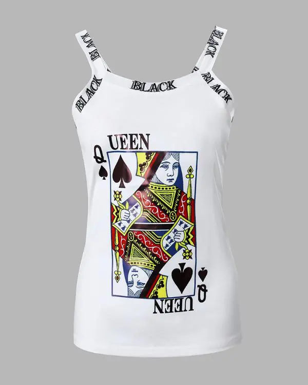 Letter Poker Print Sleeveless Bowknot Decor Top