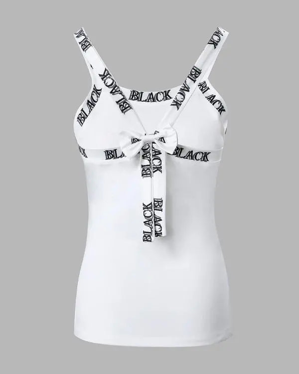 Letter Poker Print Sleeveless Bowknot Decor Top