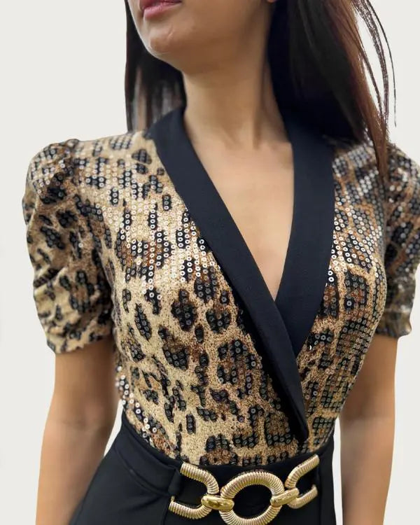 Leopard Pattern Contrast Sequin Deep V Neck Short Puff Sleeve Jumpsuits Metal O-Ring Decor Casual Flared Overalls