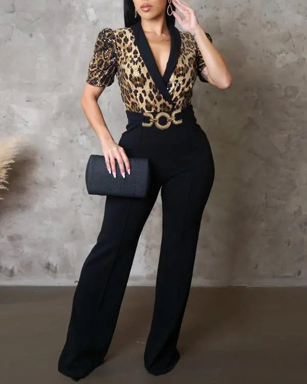 Leopard Pattern Contrast Sequin Deep V Neck Short Puff Sleeve Jumpsuits Metal O-Ring Decor Casual Flared Overalls