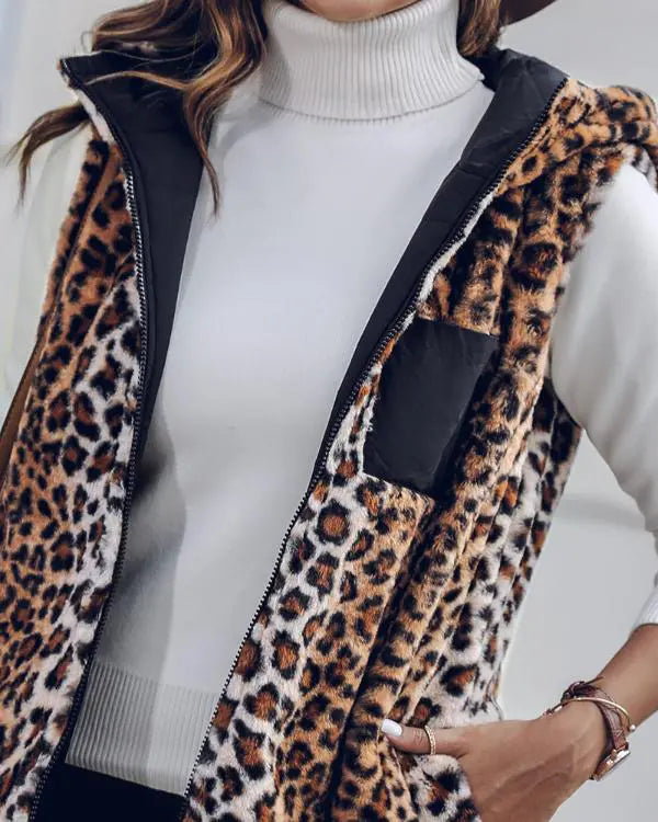 Reversible Leopard Pattern Vests Sleeveless Fleece Lined Jacket Zip Up Hoodie Pockets Long Warm Winter Coat