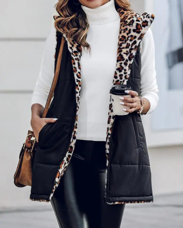 Reversible Leopard Pattern Vests Sleeveless Fleece Lined Jacket Zip Up Hoodie Pockets Long Warm Winter Coat
