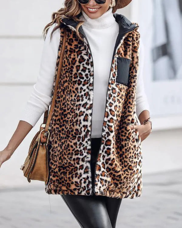 Reversible Leopard Pattern Vests Sleeveless Fleece Lined Jacket Zip Up Hoodie Pockets Long Warm Winter Coat