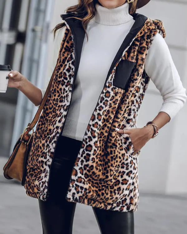Reversible Leopard Pattern Vests Sleeveless Fleece Lined Jacket Zip Up Hoodie Pockets Long Warm Winter Coat
