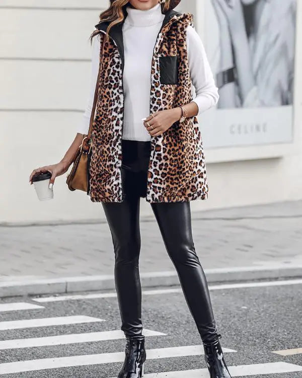 Reversible Leopard Pattern Vests Sleeveless Fleece Lined Jacket Zip Up Hoodie Pockets Long Warm Winter Coat