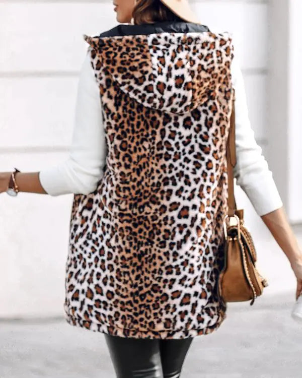 Reversible Leopard Pattern Vests Sleeveless Fleece Lined Jacket Zip Up Hoodie Pockets Long Warm Winter Coat