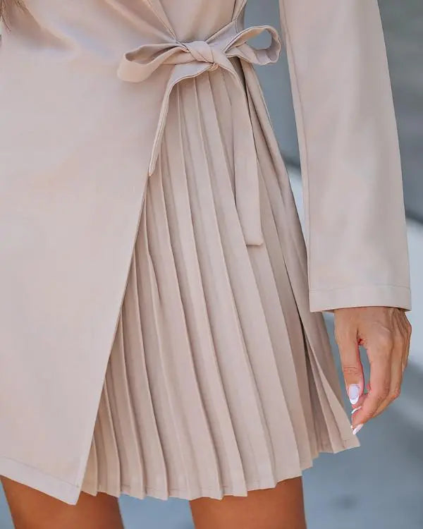 Long Sleeve Work Dress Wrap V Neck Pleated A Line Tie Waist Mini Dress