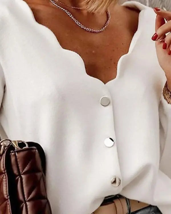 V-Neck Long Sleeve Front Button Cardigan Scallop Design Casual Top
