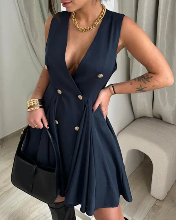 Deep V-Neck Sleeveless Metal Button Criss Cross Flare Midi Dress Work Dress