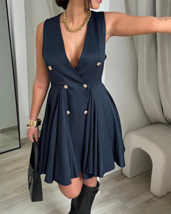 Deep V-Neck Sleeveless Metal Button Criss Cross Flare Midi Dress Work Dress