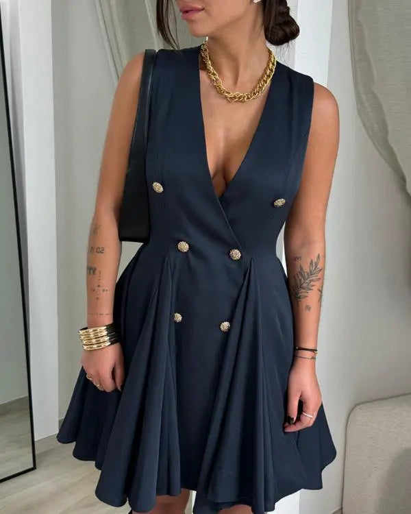 Deep V-Neck Sleeveless Metal Button Criss Cross Flare Midi Dress Work Dress