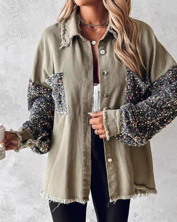 Contrast Sequin Turn-down Collar Long Sleeve Tassel Design Fuzzy Shacket with Pocket