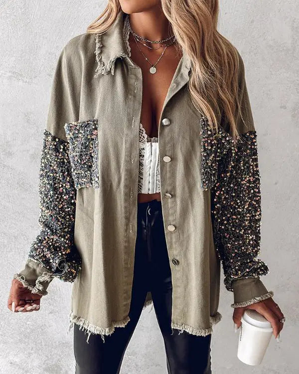Contrast Sequin Turn-down Collar Long Sleeve Tassel Design Fuzzy Shacket with Pocket