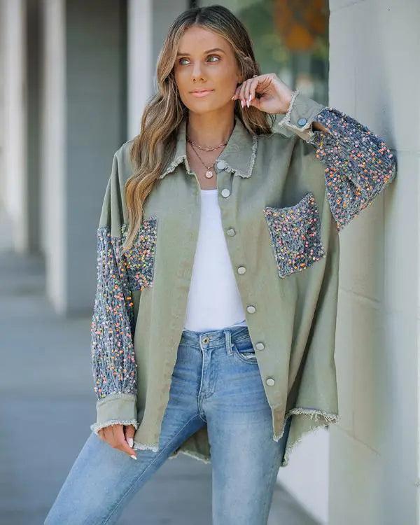 Casual Jacket Sequin Patchwork Long Sleeve Jacket Top Button Front Raw Hem Oversized Denim Shacket