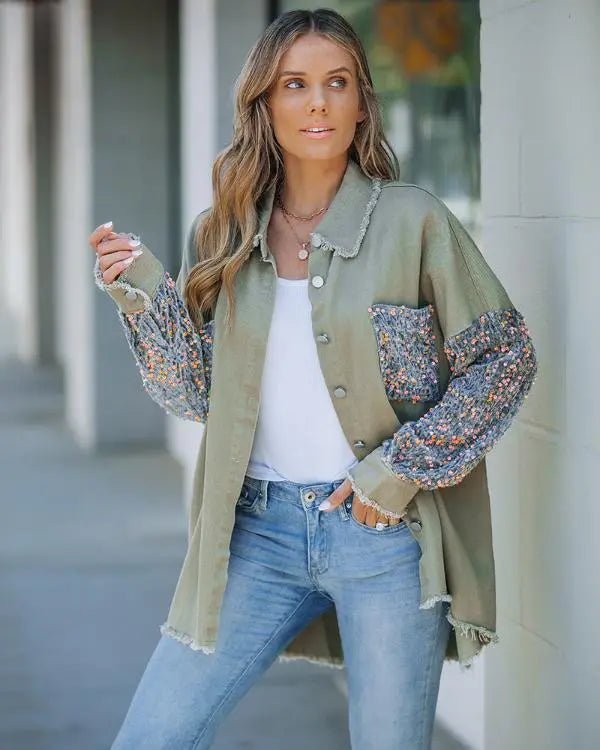 Contrast Sequin Turn-down Collar Long Sleeve Tassel Design Fuzzy Shacket with Pocket
