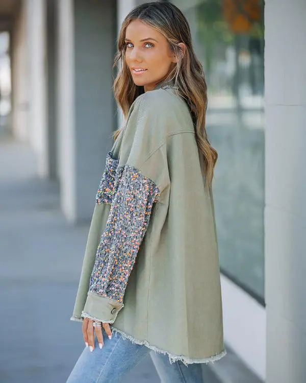 Contrast Sequin Turn-down Collar Long Sleeve Tassel Design Fuzzy Shacket with Pocket