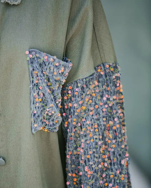 Casual Jacket Sequin Patchwork Long Sleeve Jacket Top Button Front Raw Hem Oversized Denim Shacket