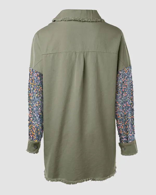 Casual Jacket Sequin Patchwork Long Sleeve Jacket Top Button Front Raw Hem Oversized Denim Shacket