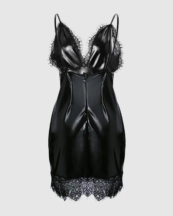 Contrast Lace Spaghetti Strap PU Leather Bodycon Dress