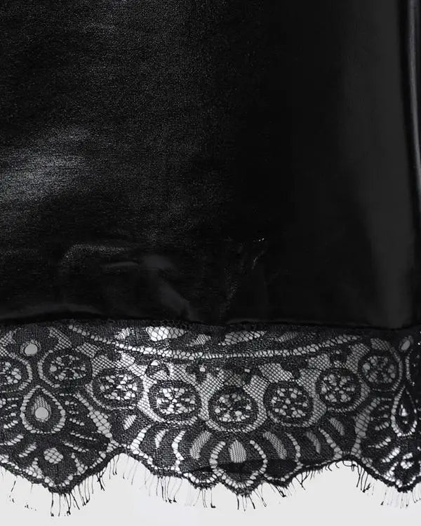 Contrast Lace Spaghetti Strap PU Leather Bodycon Dress